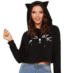 NWT SweatyRocks Women's Hoodie Crop Top Cat Print Pullover Sweatshirt Large